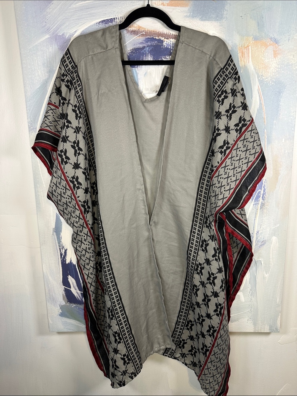Steve Madden Boho Kimono Duster Open Front Paisley Print Taupe Black Red Gray
